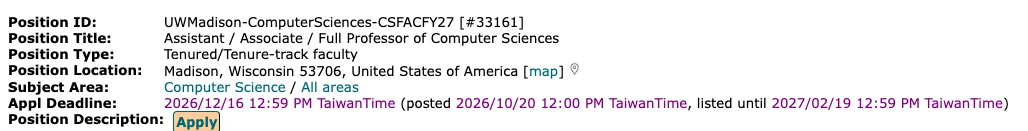 Academic Jobs Online 職缺條目 33161，職位代碼 UWMadison-ComputerSciences-CSFACFY27，申請期限欄位顯示 2026 年 12 月 16 日 12 點 59 PM TaiwanTime，posted 2026 年 10 月 20 日