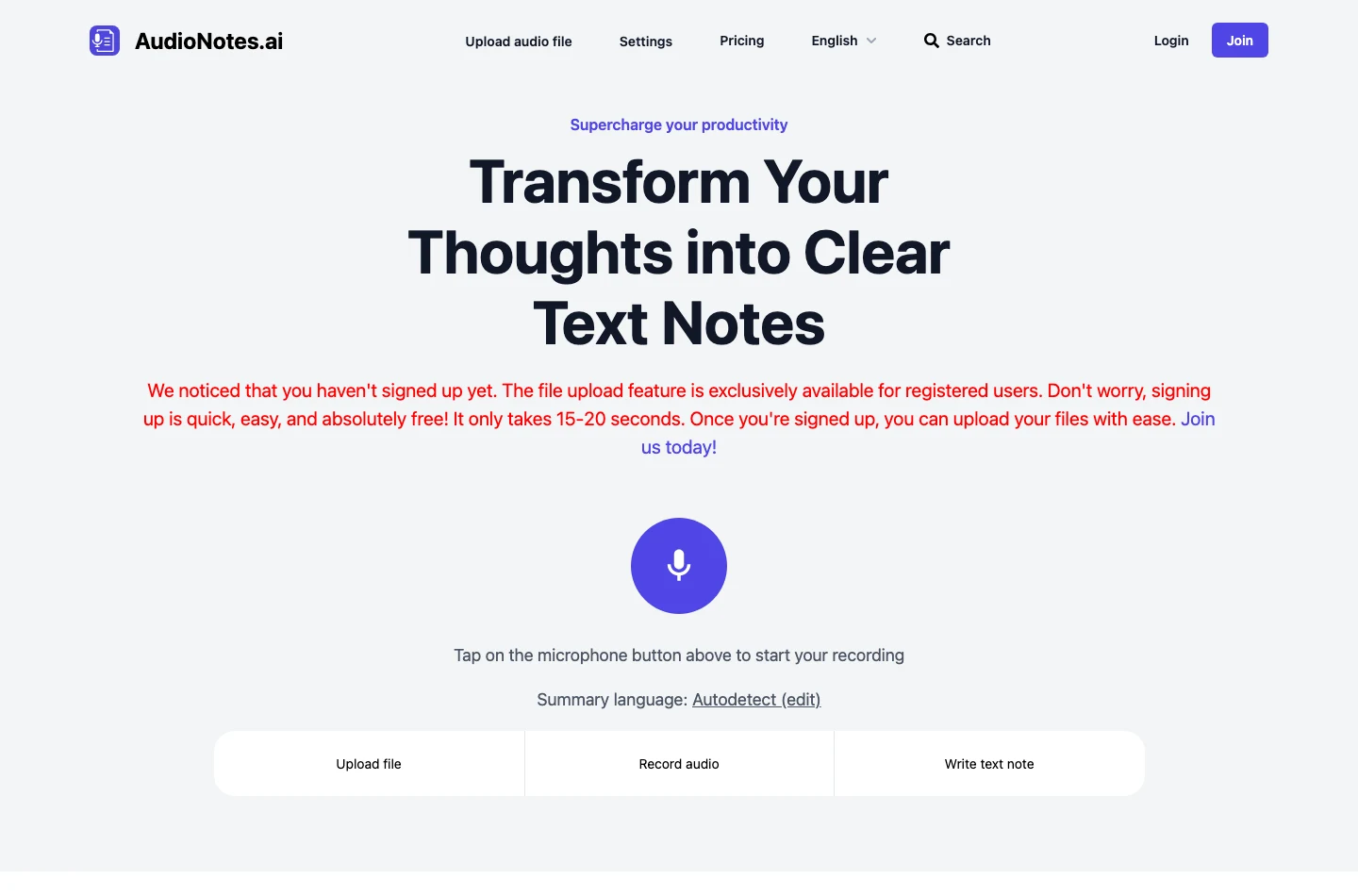AudioNotes.ai 語音筆記工具實測,免費額度與付費牆先看清 2 AudioNotes.ai 上傳音訊檔時出現的註冊提示,寫明檔案上傳功能僅限註冊用戶使用