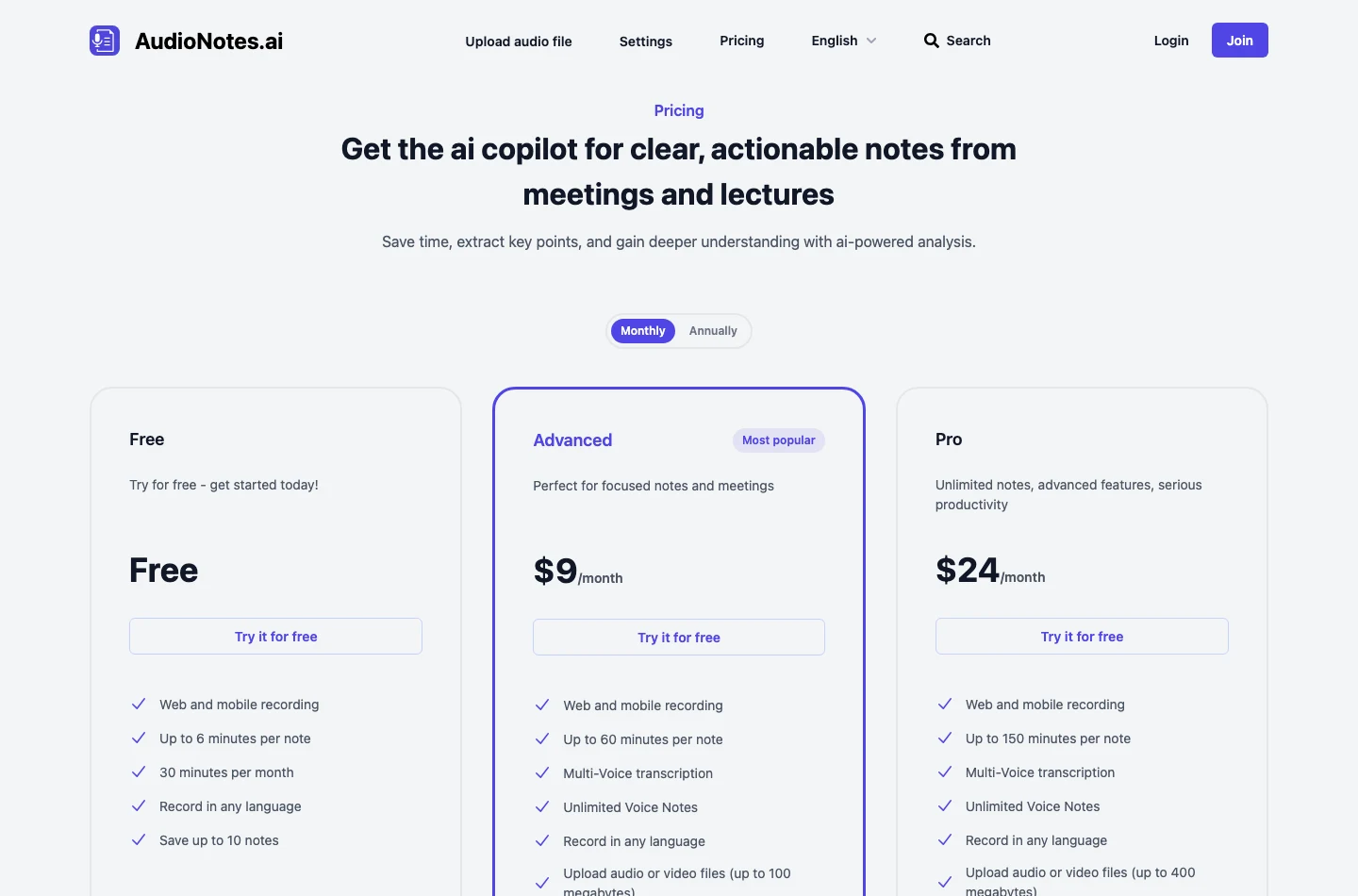 AudioNotes.ai 語音筆記工具實測,免費額度與付費牆先看清 4 AudioNotes.ai 定價頁顯示 Free 免費、Advanced 每月 9 美元、Pro 每月 24 美元三張方案卡片