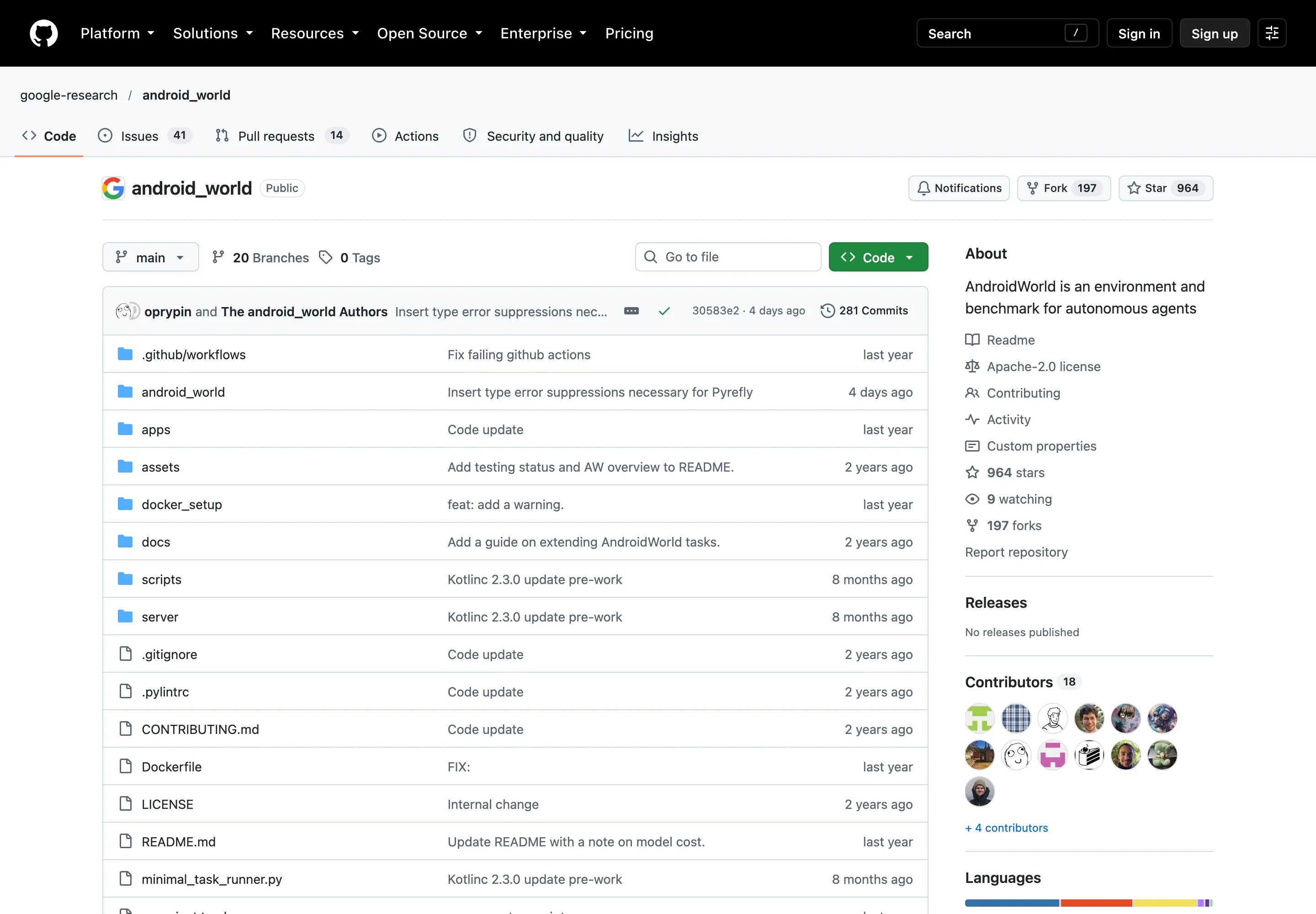 Google ARTEMIS 開源:程式助理用自然語言操作 Android 真機 3 GitHub 上 google-research/android_world 基準 repo 頁面