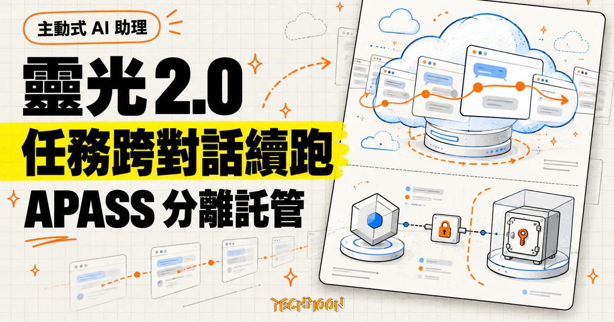 螞蟻靈光 2.0:離開對話任務續跑,授權金鑰交由 APASS 託管 1 TechMoon 精選圖|螞蟻靈光 2.0 讓 AI 任務在獨立雲端實例跨對話續跑,並以 APASS 分離託管授權金鑰與代理。
