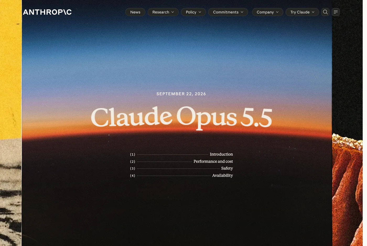 Opus 5.5 剪片分工:粗剪自己下,縮放動效音效片尾全交給 AI 2 Anthropic 官網 Claude Opus 5.5 頁面:日期標示 September 22, 2026,標題 Claude Opus 5.5,含四段目錄