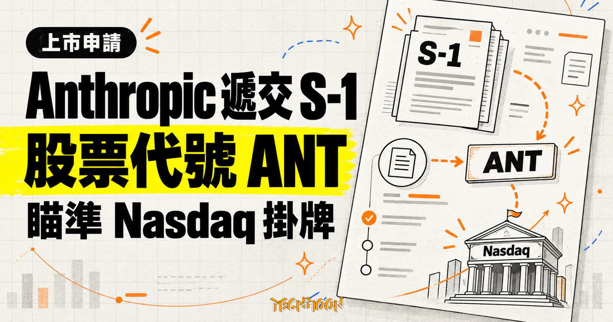 Anthropic 遞交 S-1 申請上市,財報數字與股權結構首度攤開 1 TechMoon 精選圖|Anthropic 公開遞交 S-1 上市申請文件,規劃以股票代號 ANT 在 Nasdaq 掛牌。