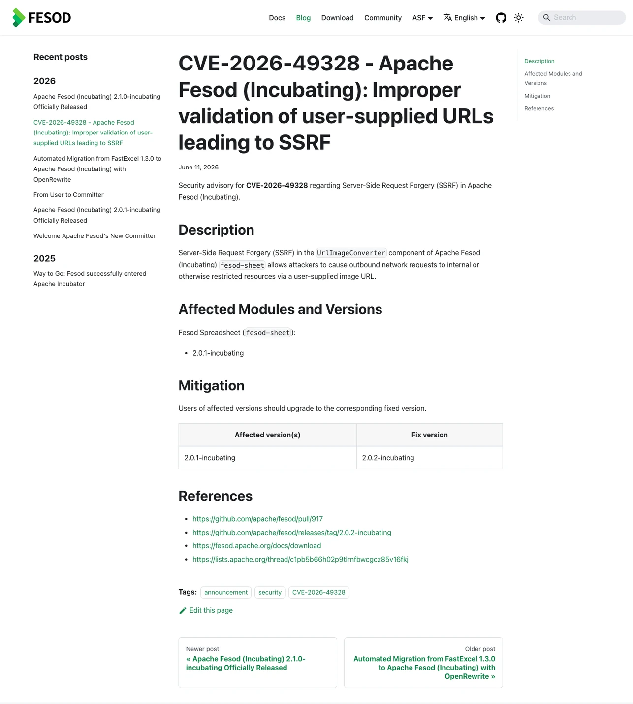 EasyExcel 還能用嗎?阿里開源 Excel 庫的現況與搬家路線 4 Apache Fesod 官方安全通告頁面,說明 CVE-2026-49328 的 SSRF 問題與修復版本
