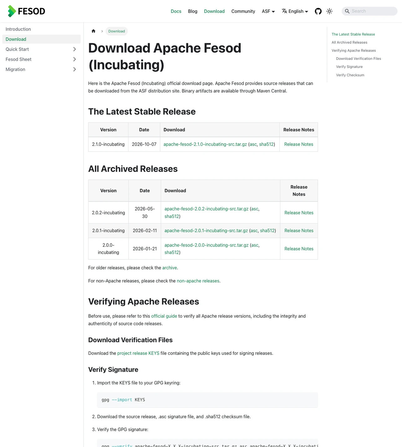 EasyExcel 還能用嗎?阿里開源 Excel 庫的現況與搬家路線 3 Apache Fesod 官方下載頁的版本表,列出 2.1.0-incubating 等釋出版本與日期