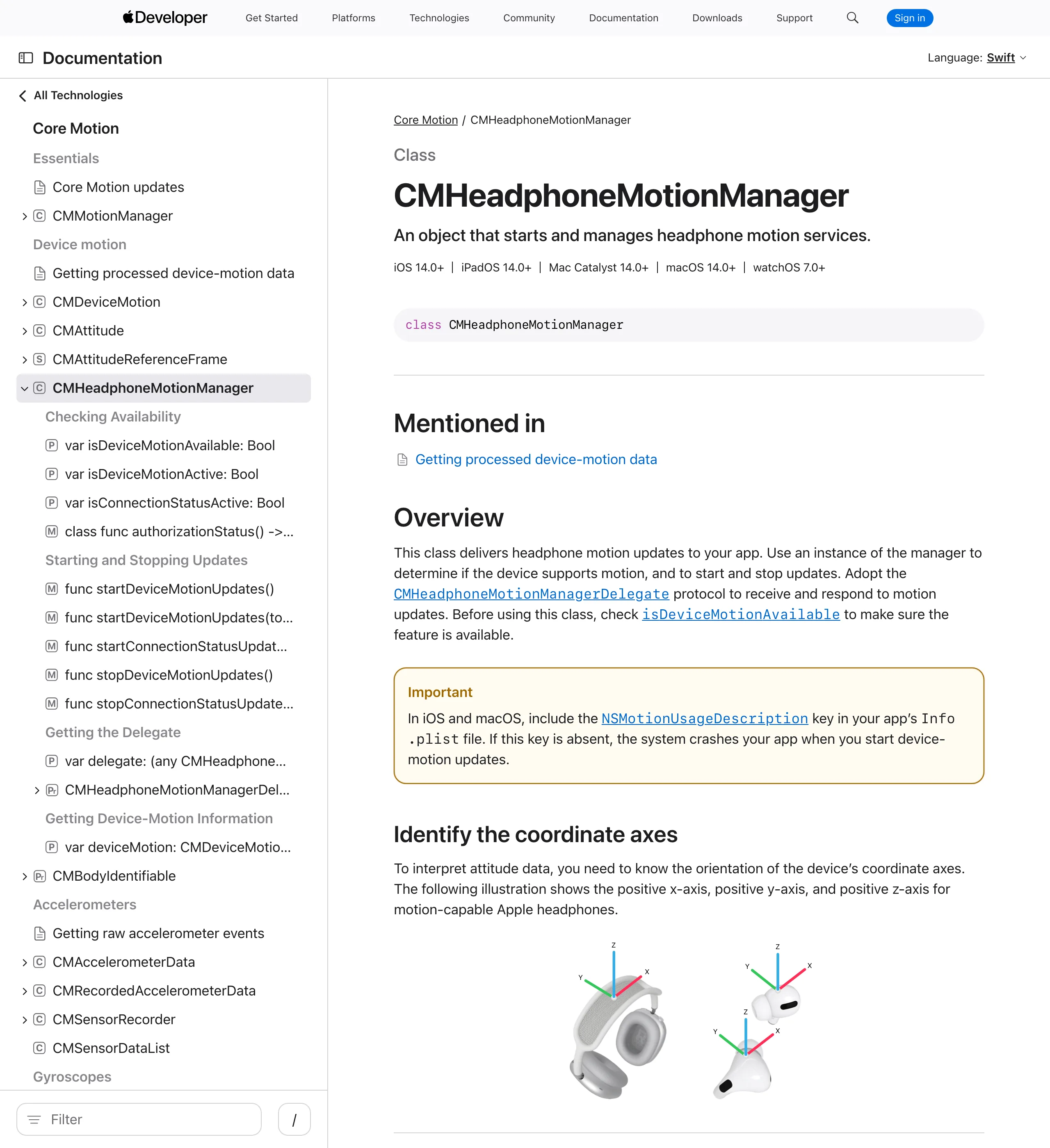 Neck-Life 免費姿勢提醒 app:AirPods 感測器盯住你的低頭 2 Apple 開發者文件中 CMHeadphoneMotionManager 的說明頁,列出類別宣告、isDeviceMotionAvailable 檢查與 Info.plist 權限金鑰要求