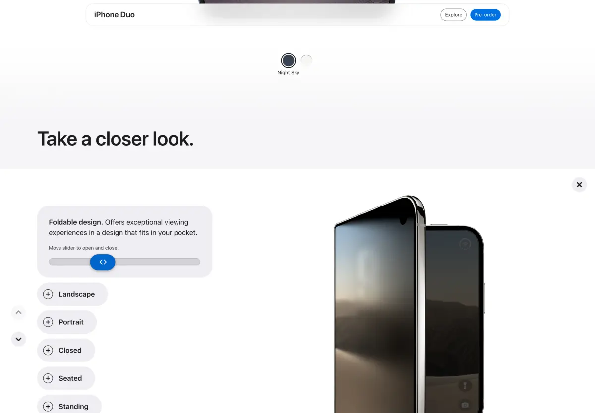 Apple 官網 iPhone Duo 的 Foldable design 姿勢區：Landscape、Portrait、Closed、Seated、Standing