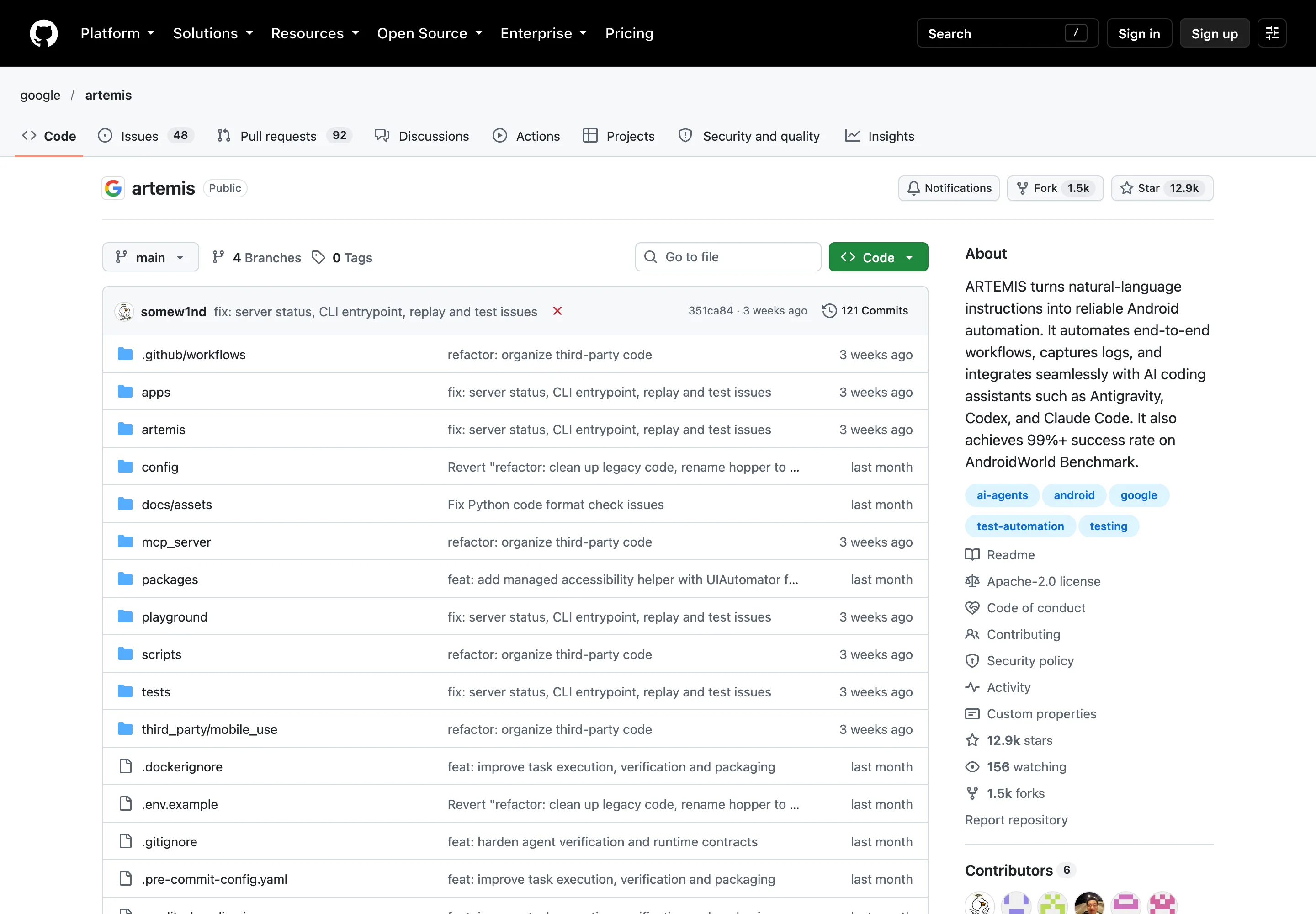 Google ARTEMIS 開源:程式助理用自然語言操作 Android 真機 2 GitHub 上 google/artemis 官方 repo 頁面,顯示專案描述、星標數與 Apache-2.0 授權