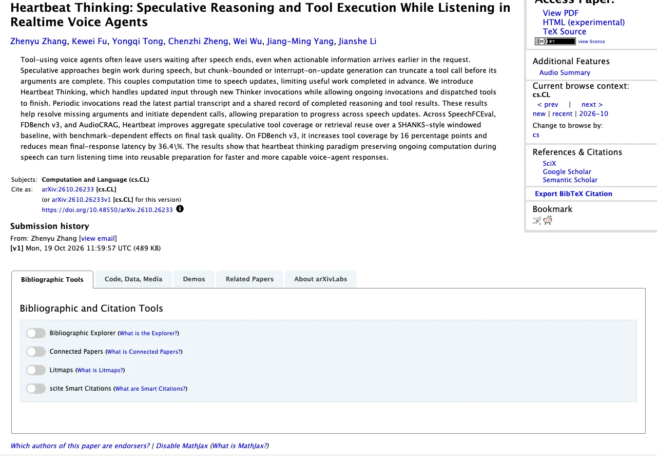 Heartbeat Thinking 讓語音代理邊聽邊查,回答等待少 36.4% 2 arXiv 論文頁面截圖,顯示 Heartbeat Thinking: Speculative Reasoning and Tool Execution While Listening in Realtime Voice Agents 標題、七位作者與 2026 年 10 月 19 日提交日期