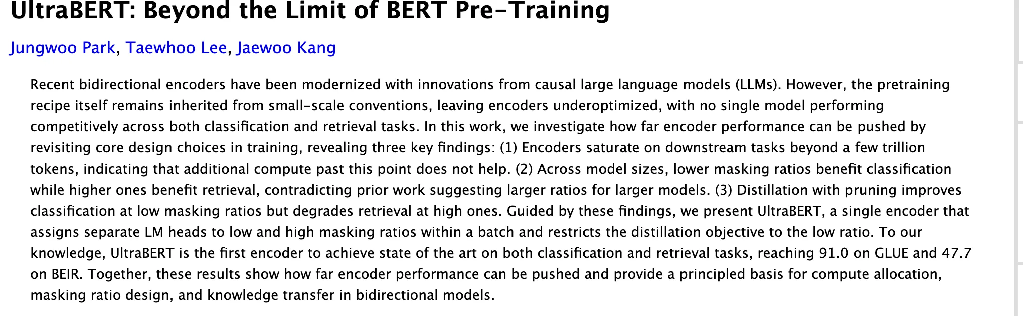 UltraBERT 開源 BERT 編碼器,把分類與檢索裝進同一個模型 2 arXiv 2610.15028 論文頁,標題 UltraBERT: Beyond the Limit of BERT Pre-Training 與三位作者及摘要