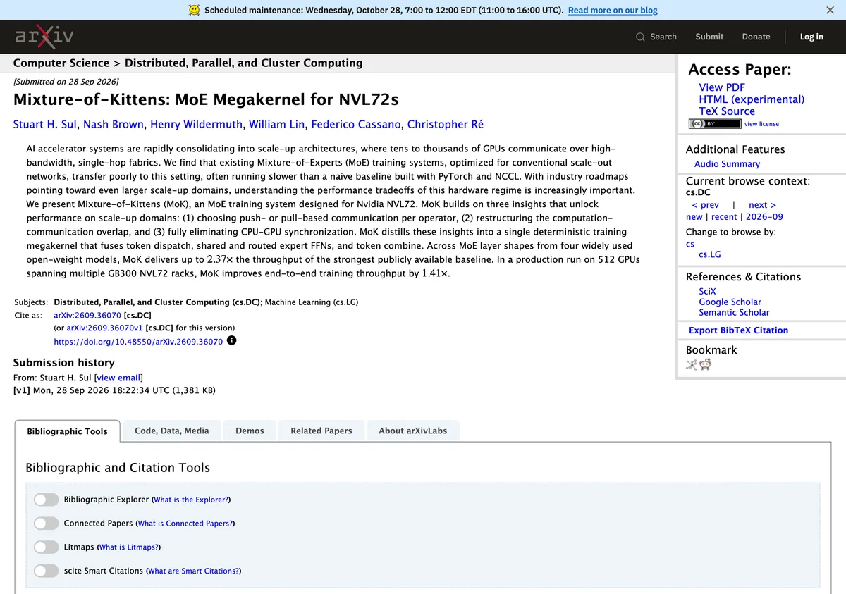 Flapping Airplanes 拿下十億美元 A 輪,押注讓 GPU 不再空轉 3 arXiv 上的 Mixture-of-Kittens megakernel 論文頁面