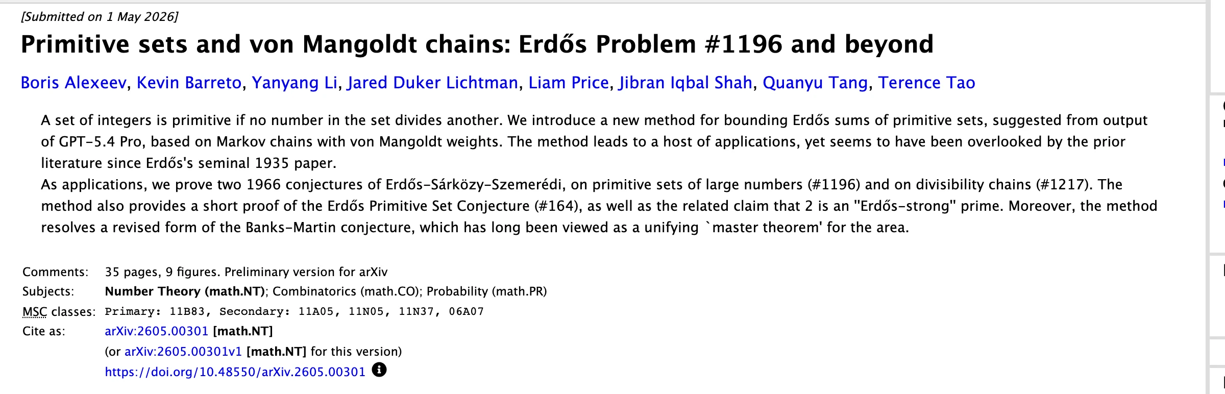 arXiv 編號 2605.00301 的論文頁面，標題為 Primitive sets and von Mangoldt chains，作者八位含 Terence Tao