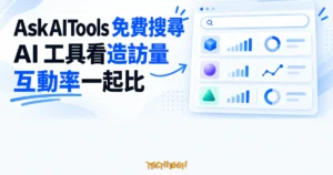 TechMoon 精選圖｜AskAITools 免費 AI 工具搜尋引擎，以抽象搜尋結果卡呈現造訪量與互動率比較。