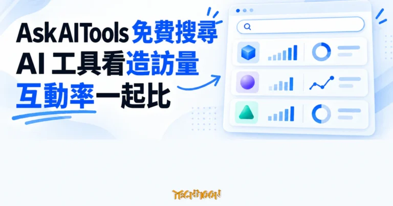 TechMoon 精選圖｜AskAITools 免費 AI 工具搜尋引擎，以抽象搜尋結果卡呈現造訪量與互動率比較。