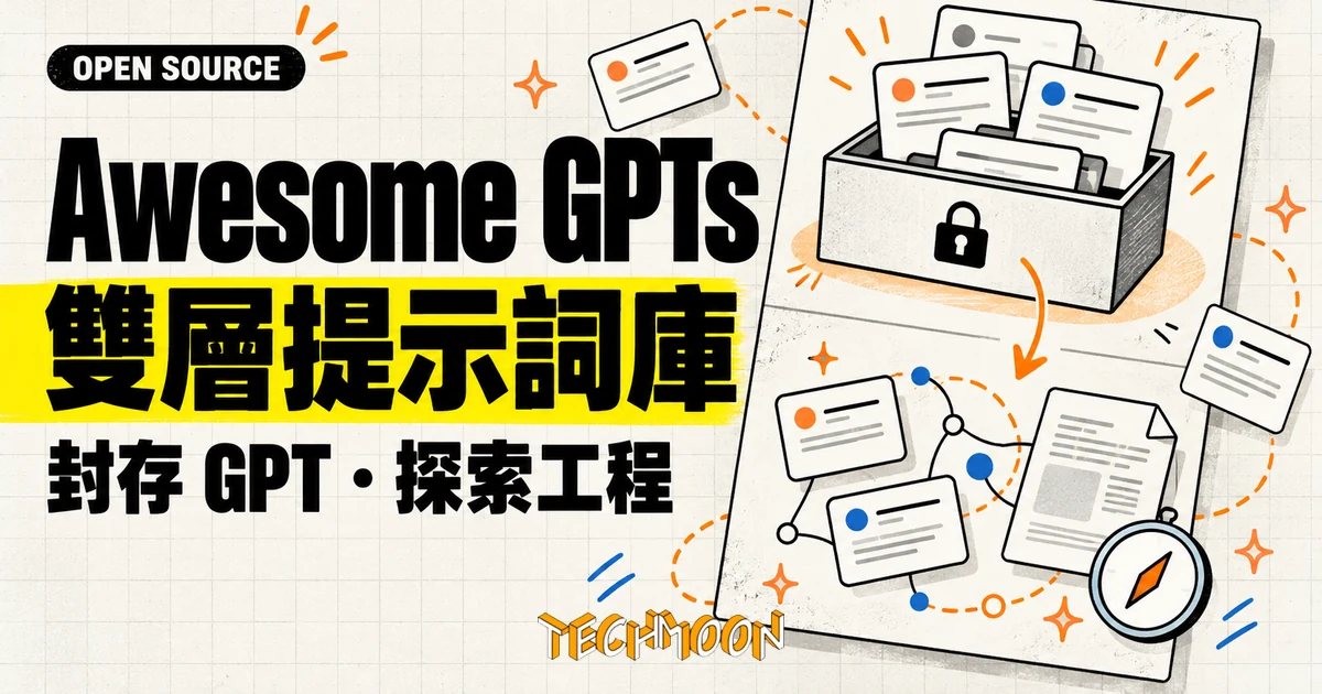 Awesome GPTs Prompts 開源提示詞庫,看懂九千星倉庫的雙層內容 1 TechMoon 精選圖|Awesome GPTs Prompts 雙層提示詞庫,上層封存 GPT 提示詞,下層連結提示詞與論文資源