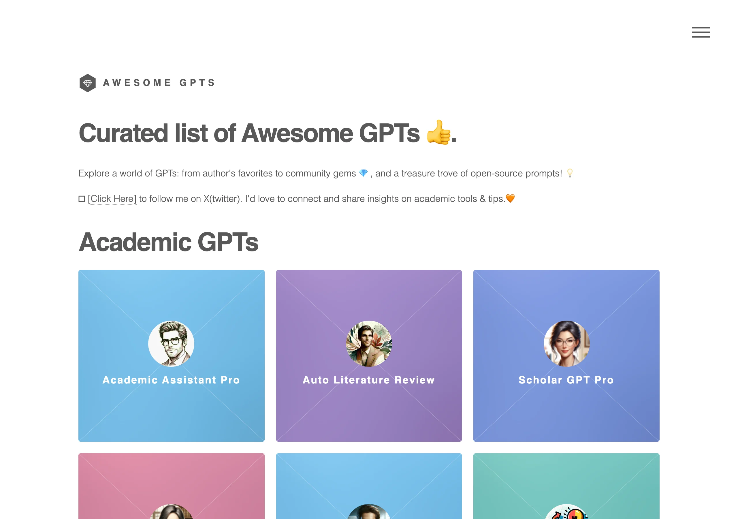 Awesome GPTs Prompts 開源提示詞庫,看懂九千星倉庫的雙層內容 3 Awesome GPTs 官網首頁,以彩色卡片列出 Academic GPTs 等分類的 GPT 選品