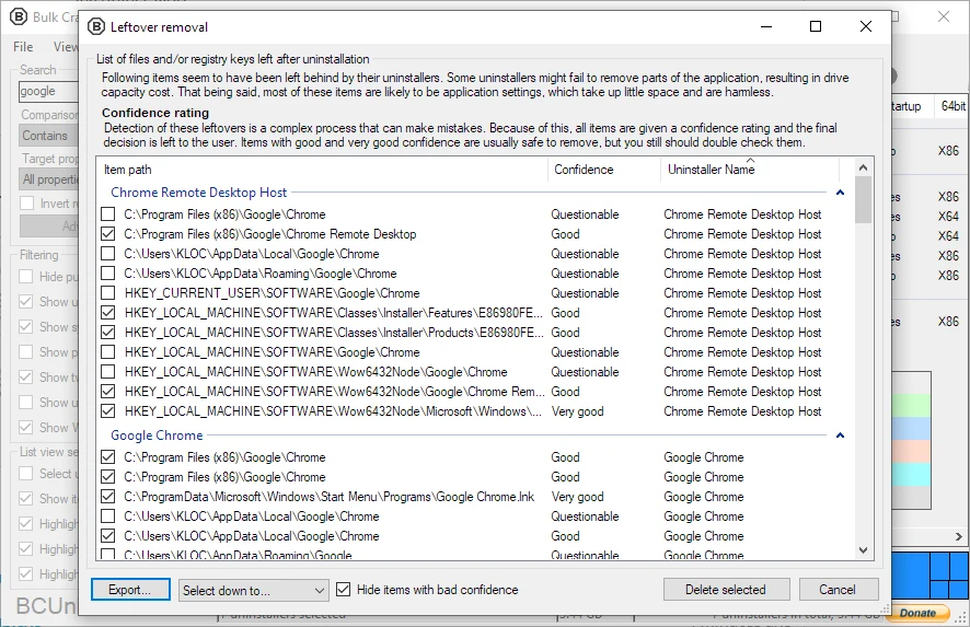 Bulk Crap Uninstaller 殘留清理視窗官方截圖，以 Chrome 為例列出檔案與登錄檔殘留和信心評等