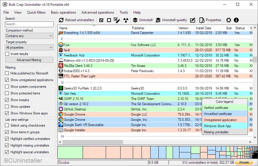 Bulk Crap Uninstaller 主視窗官方截圖，列出偵測到的已安裝程式清單與篩選器