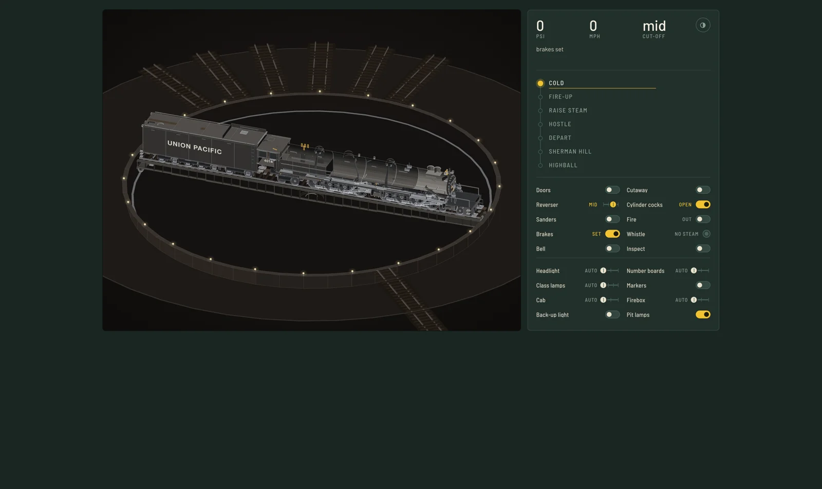 Perplexity Computer 把 Big Boy 蒸汽機車做成可點火的互動 SVG 2 Big Boy 4014 互動原型開啟時的冷車狀態,蒸汽機車停在轉車台上,右側面板壓力與速度歸零