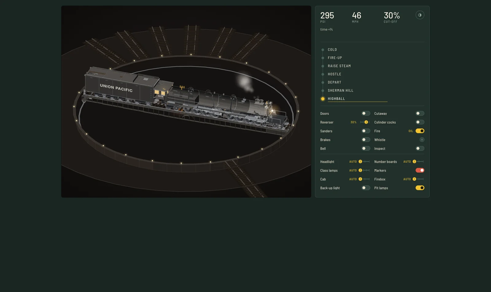 Perplexity Computer 把 Big Boy 蒸汽機車做成可點火的互動 SVG 3 Big Boy 4014 原型切到 Highball 階段的畫面,壓力接近 300 psi,速度爬向 60 mph,煙柱與蒸汽可見