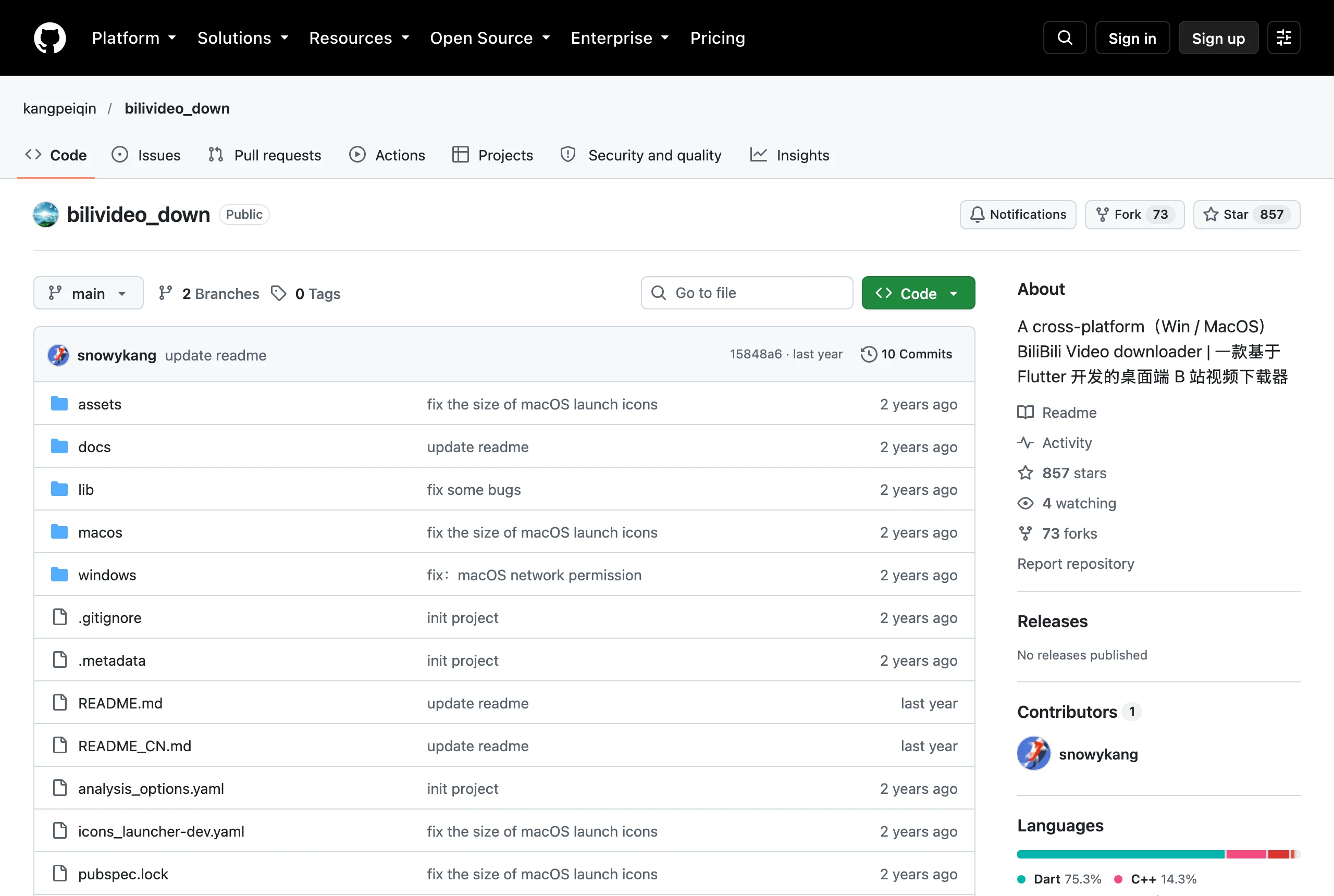 B 站影片下載器 BiliVideoDown,857 顆星卻從沒發過安裝包 2 BiliVideoDown 的 GitHub 專案頁:Releases 顯示 No releases published,About 側欄沒有任何授權項目