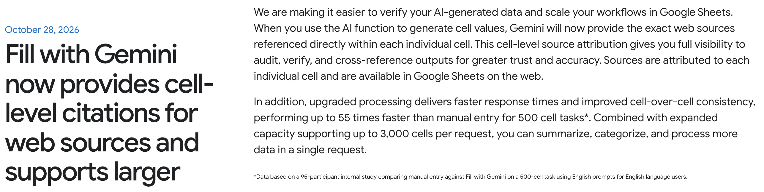 Google 試算表 AI 填表新增每格來源引用,結果查得回原文 2 Google Workspace Updates 於 2026 年 10 月 28 日的公告,標題寫明 Fill with Gemini 現在提供儲存格層級的網頁來源引用