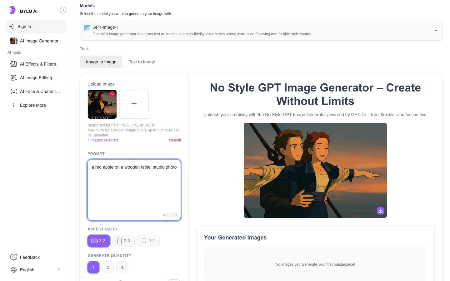 Bylo AI 的 GPT Image Generator 生成頁，左側為 prompt 輸入框、比例選單與紫色 Generate Image 按鈕，匿名狀態全部可操作