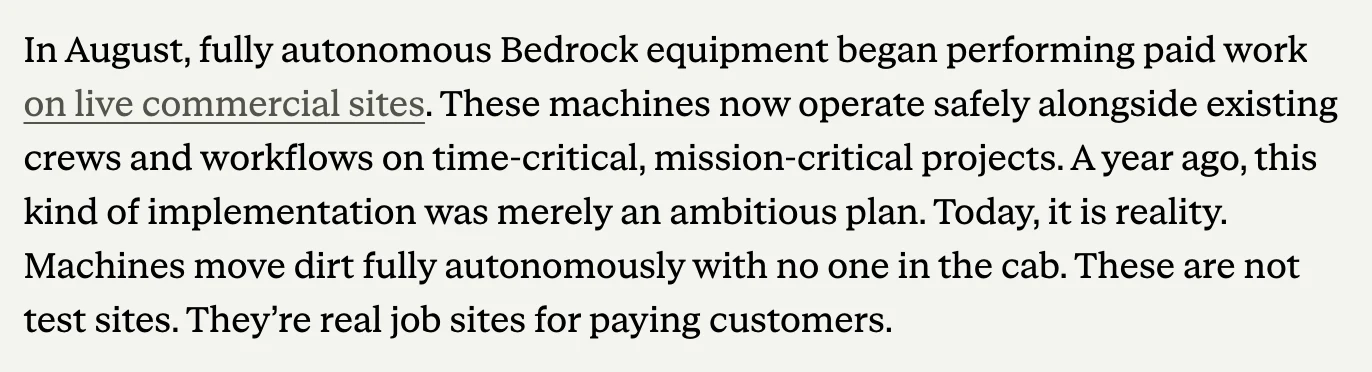Bedrock Robotics 募得 6 億美元 C 輪,無人挖土機跨州擴張 4 CapitalG 投資人說明 2026 年 10 月 26 日截圖:八月起全自動機具在真實商業工地執行付費工作,機器無人駕駛,且這些不是測試場,而是付費客戶的工地