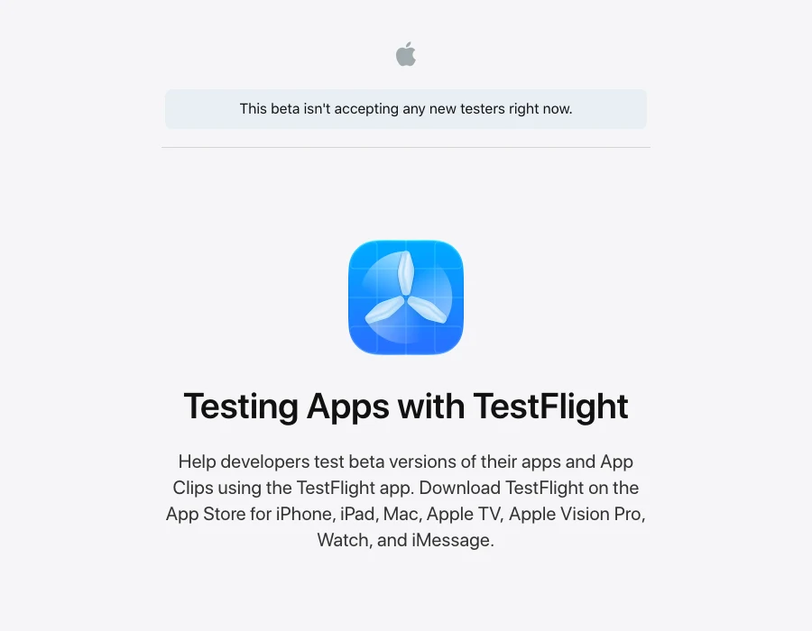 CChatBot 的 TestFlight 邀請頁顯示 This beta isn't accepting any new testers right now