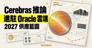 TechMoon 精選圖｜Cerebras 晶圓級 AI 推論服務進駐 Oracle 雲端的概念圖，以晶圓運算網格與資料中心節點呈現 2027 年供應藍圖。