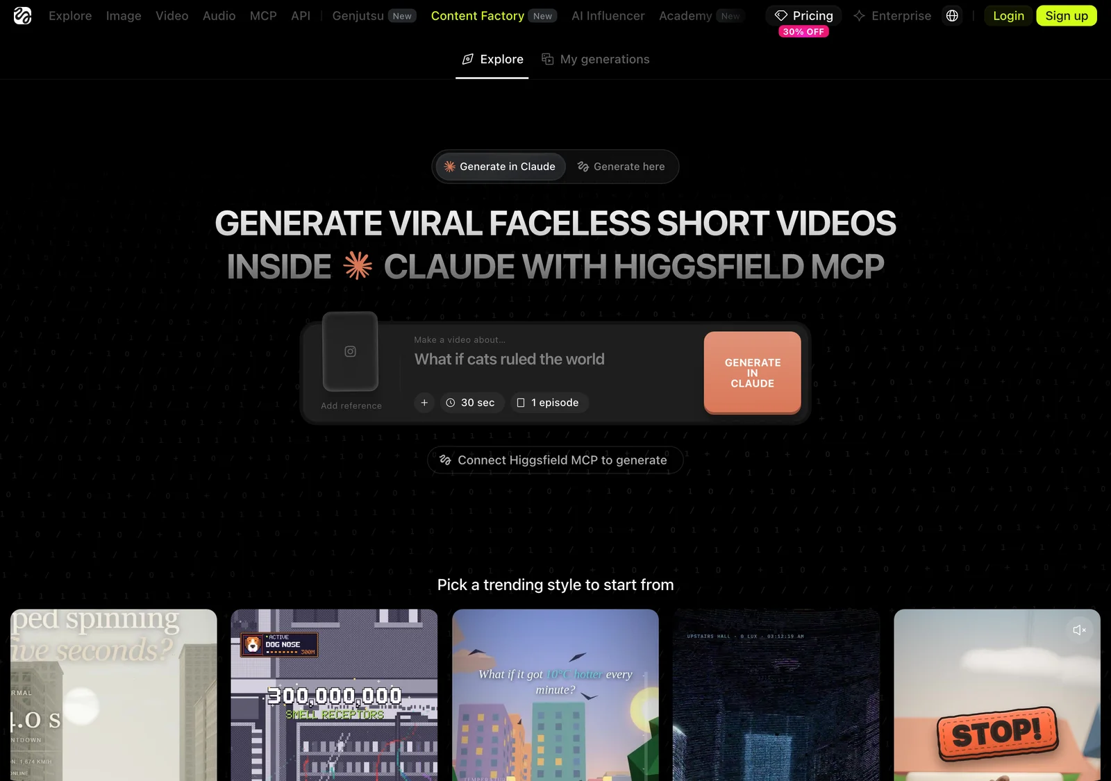 Higgsfield Content Factory 產品頁輸入介面，標題寫著 Generate Viral Faceless Short Videos，輸入框預設 30 秒與一集