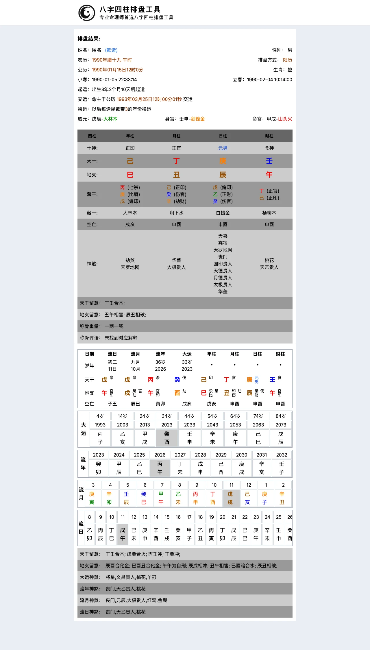 八字起航排盤結果頁，四柱己巳丁丑庚辰壬午與大運表