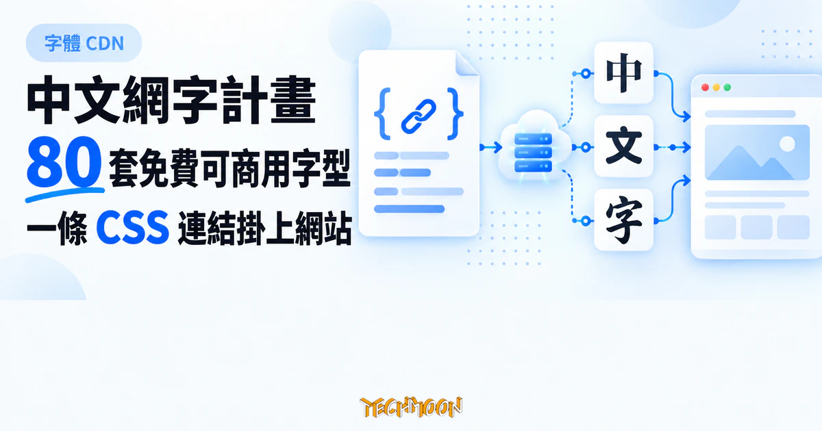 中文網字計畫:把 80 套免費可商用中文字型裝進一個 CSS 連結 1 TechMoon 精選圖|中文網字計畫收錄 80 套免費可商用中文字型,透過一條 CSS 連結掛上網站。