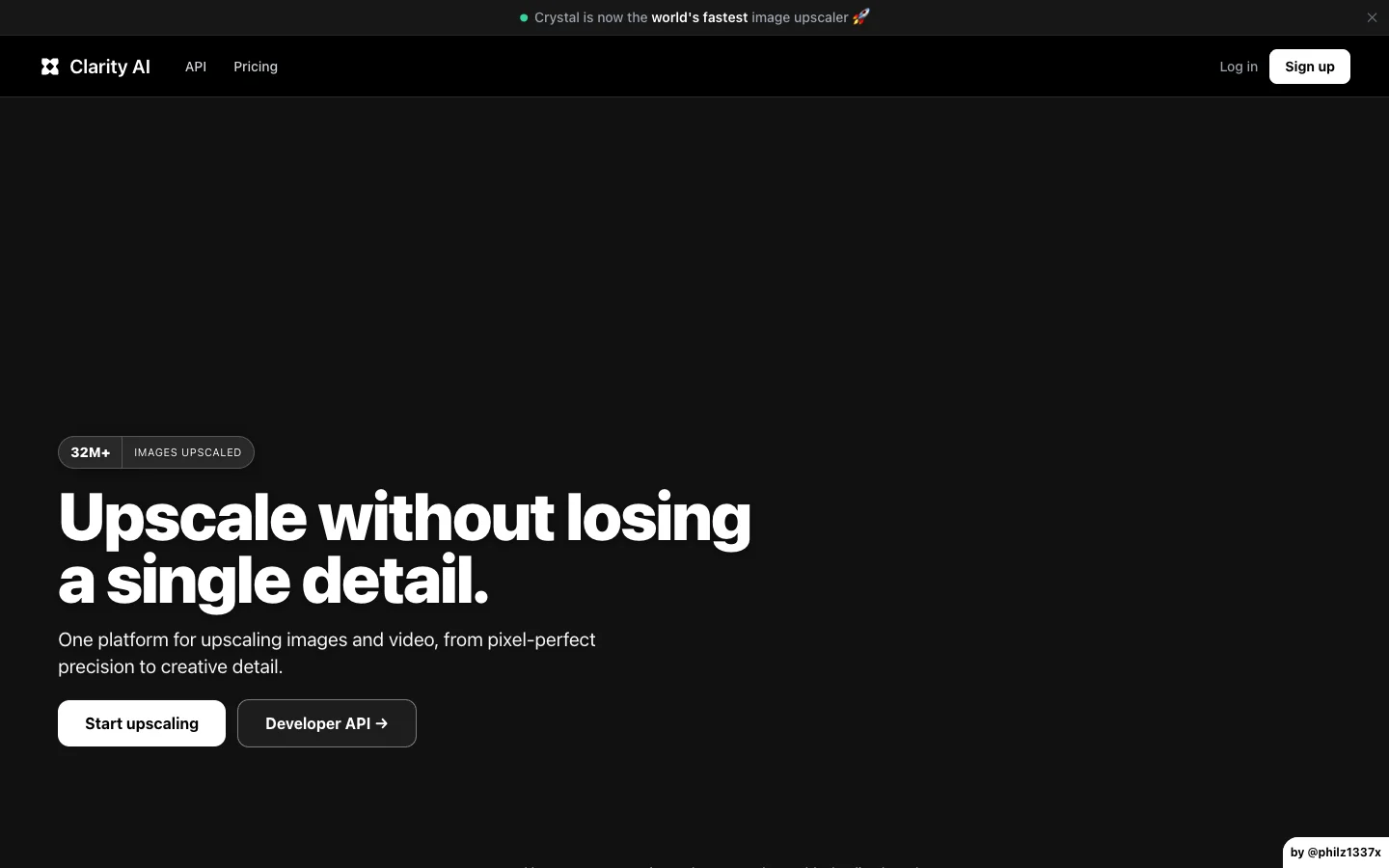 ClarityAI.co 首頁，標語 Upscale without losing a single detail 與 32M+ images upscaled 徽章