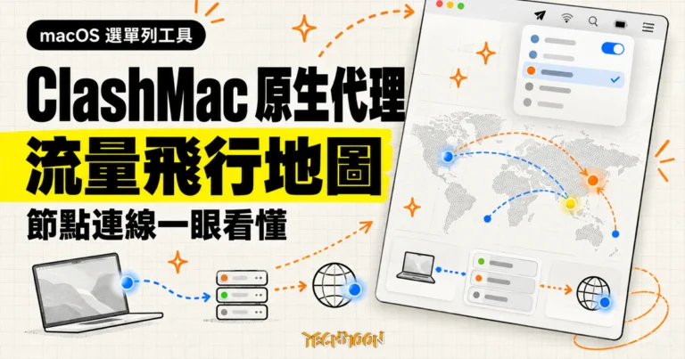 TechMoon 精選圖｜ClashMac 在 macOS 選單列管理代理節點，並以流量飛行地圖呈現節點連線。