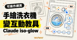 TechMoon 精選圖｜Claude iso-glow 將手繪洗衣機轉成可操作網頁教具，以洗衣機控制面板、互動節點與網頁卡片呈現。