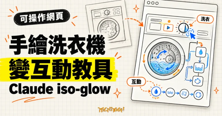 Claude 手繪洗衣機爆紅:Colorfigures 把設備做成可操作教具 10 TechMoon 精選圖|Claude iso-glow 將手繪洗衣機轉成可操作網頁教具,以洗衣機控制面板、互動節點與網頁卡片呈現。