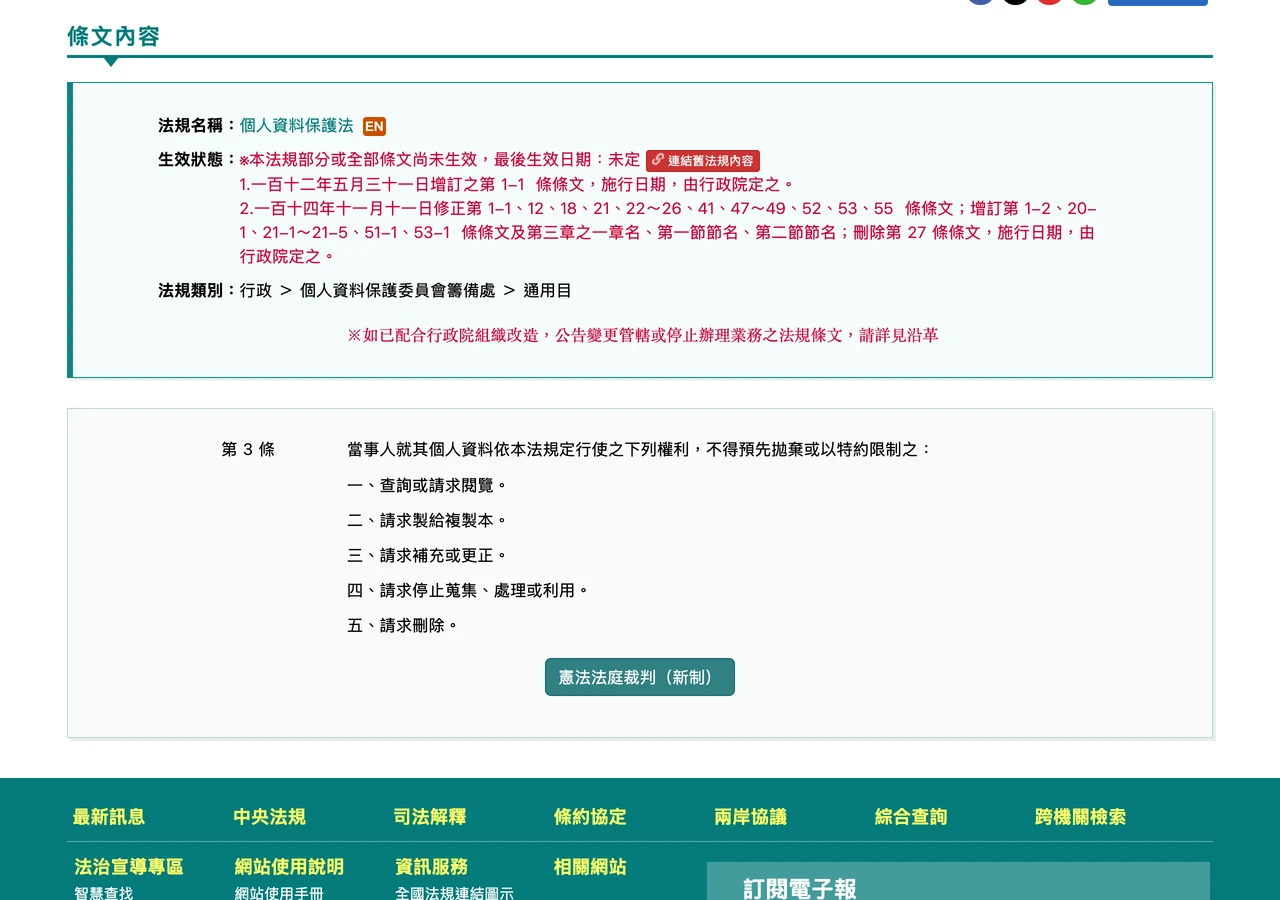全國法規資料庫個人資料保護法第 3 條條文截圖，當事人五款權利且不得預先拋棄