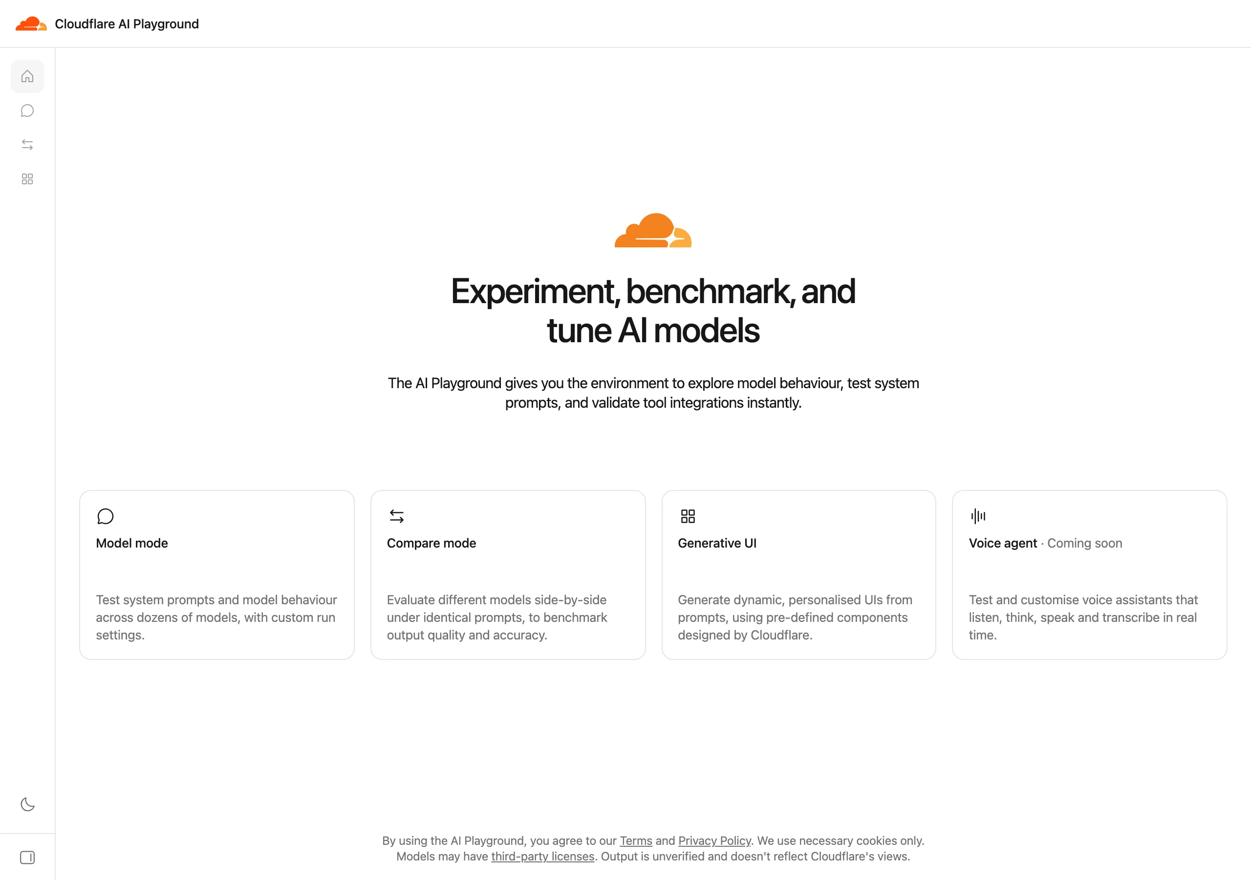 Cloudflare AI Playground:免註冊試 31 款模型,先清掉預設指令 2 Cloudflare AI Playground 首頁的三種模式入口