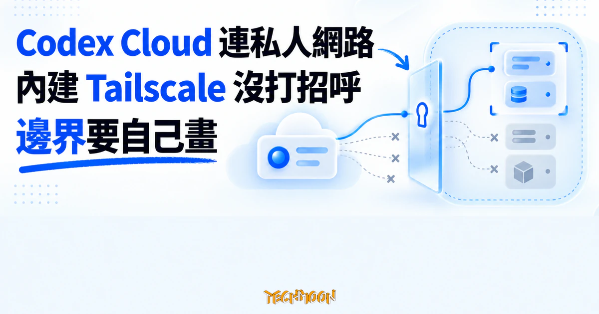 Codex Cloud 連私人網路:內建 Tailscale 沒打招呼,邊界要自己畫 1 TechMoon 精選圖|Codex Cloud 經由權限閘門連入私人網路,受控路徑只開放指定資源節點
