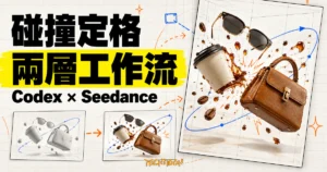 TechMoon 精選圖：Codex 與 Seedance 兩層式碰撞定格 AI 影片工作流，墨鏡、咖啡與包包在碰撞瞬間懸停空中