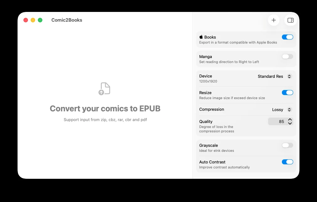 Comic2Books 官方主畫面截圖，左側是匯入的漫畫清單，右側是裝置檔位與畫質、灰階、對比等轉換設定