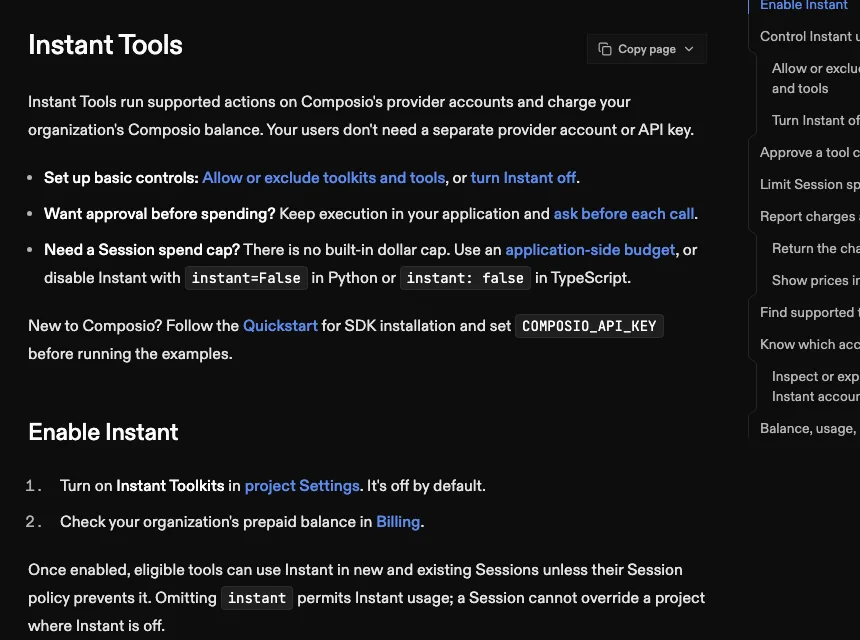 Composio Instant 上線:Agent 錢包按次付費,免逐家開帳號 4 Composio Instant Tools 文件開頭與支出上限說明段落