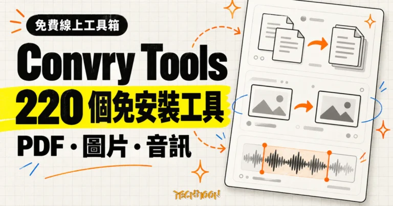 TechMoon 精選圖｜Convry Tools 免費線上工具箱概念圖，220 個免安裝瀏覽器工具涵蓋 PDF、圖片與音訊處理