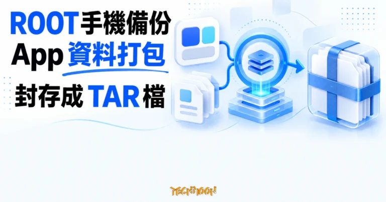 TechMoon 精選圖｜App 資料卡經過 root 權限節點打包成 TAR 封存檔，呈現 DataBackup 的 Android 應用資料備份流程