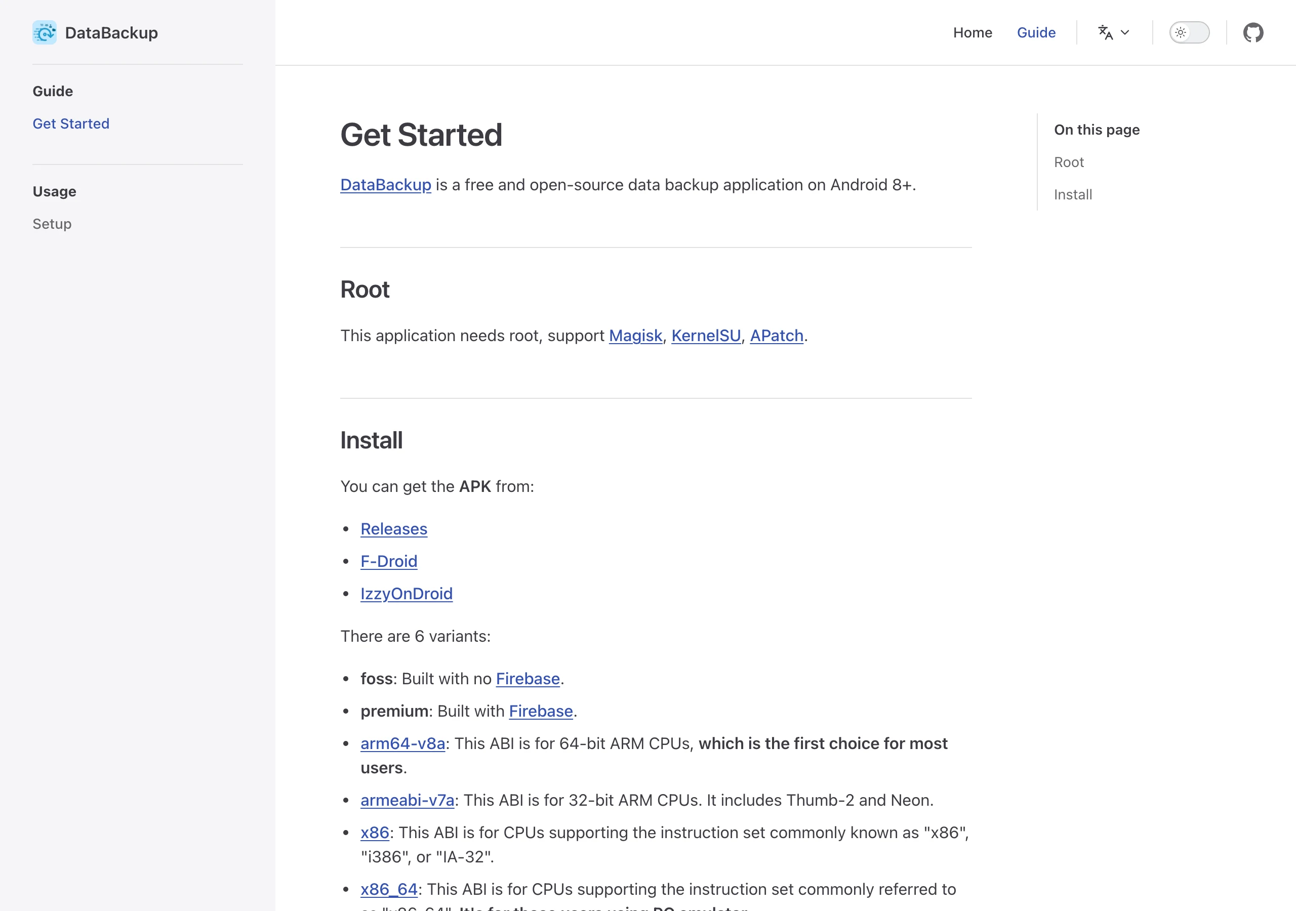 DataBackup 開源 root 備份,把每個 App 的資料打包成標準 tar 檔 3 DataBackup 文件 Get Started 頁:列出 foss 與 premium 兩種建置口味及 arm64-v8a、armeabi-v7a、x86、x86_64 四種架構變體