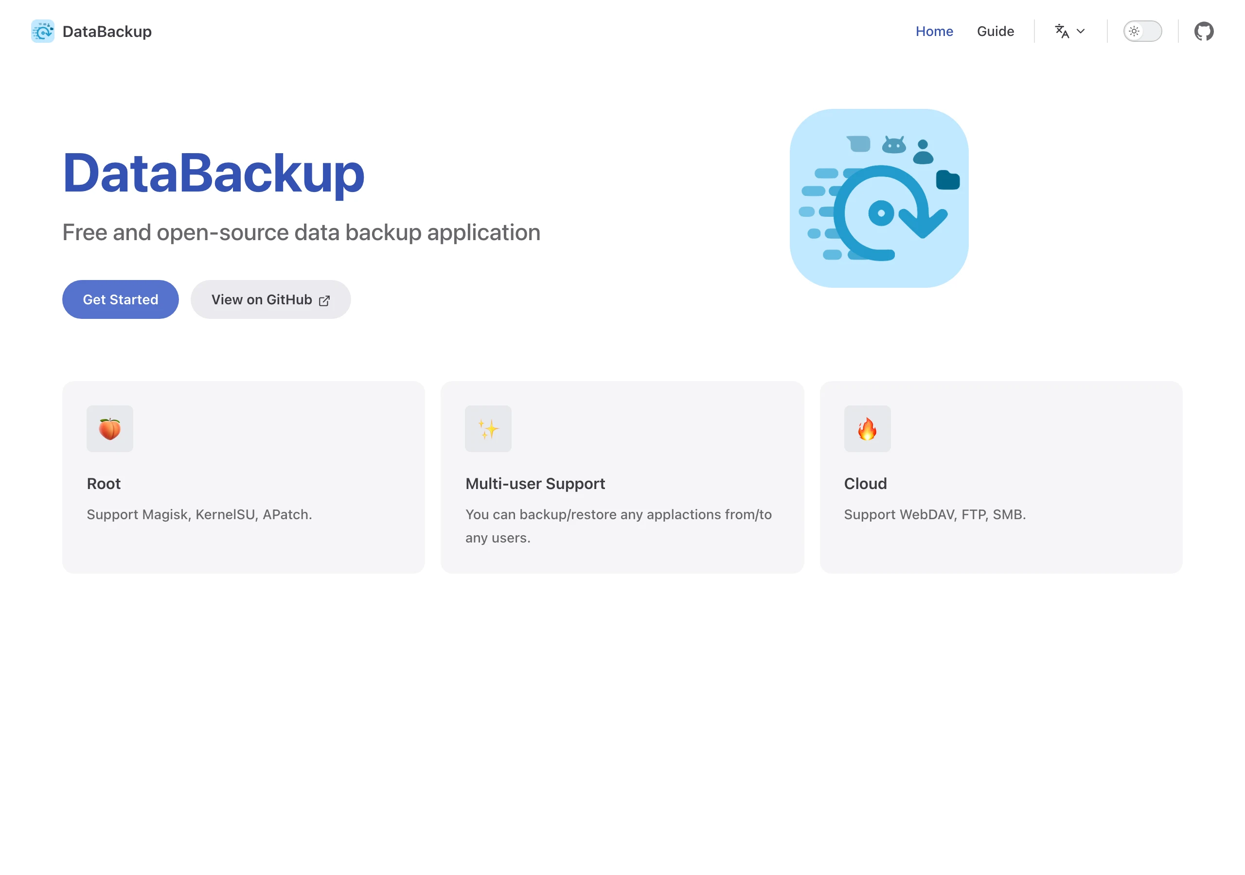DataBackup 開源 root 備份,把每個 App 的資料打包成標準 tar 檔 2 DataBackup 官方文件首頁:Root 支援 Magisk、KernelSU、APatch,多使用者與雲端備份三張功能卡片