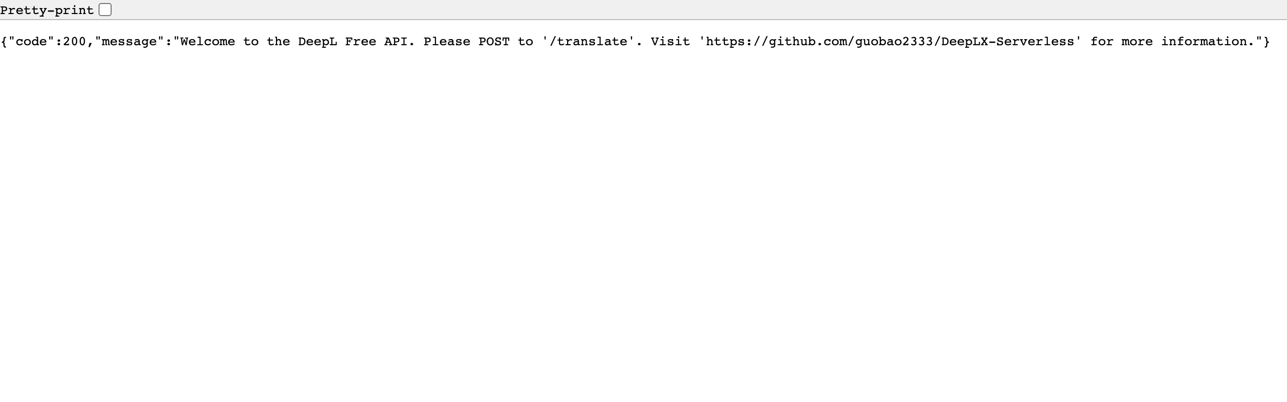 DeepLX Serverless 自架免費 DeepL API,本機實測與部署建議 2 本機瀏覽器開啟 localhost:6119,DeepLX Serverless 服務回傳的 JSON 歡迎訊息,提示翻譯功能位於 /translate 路徑