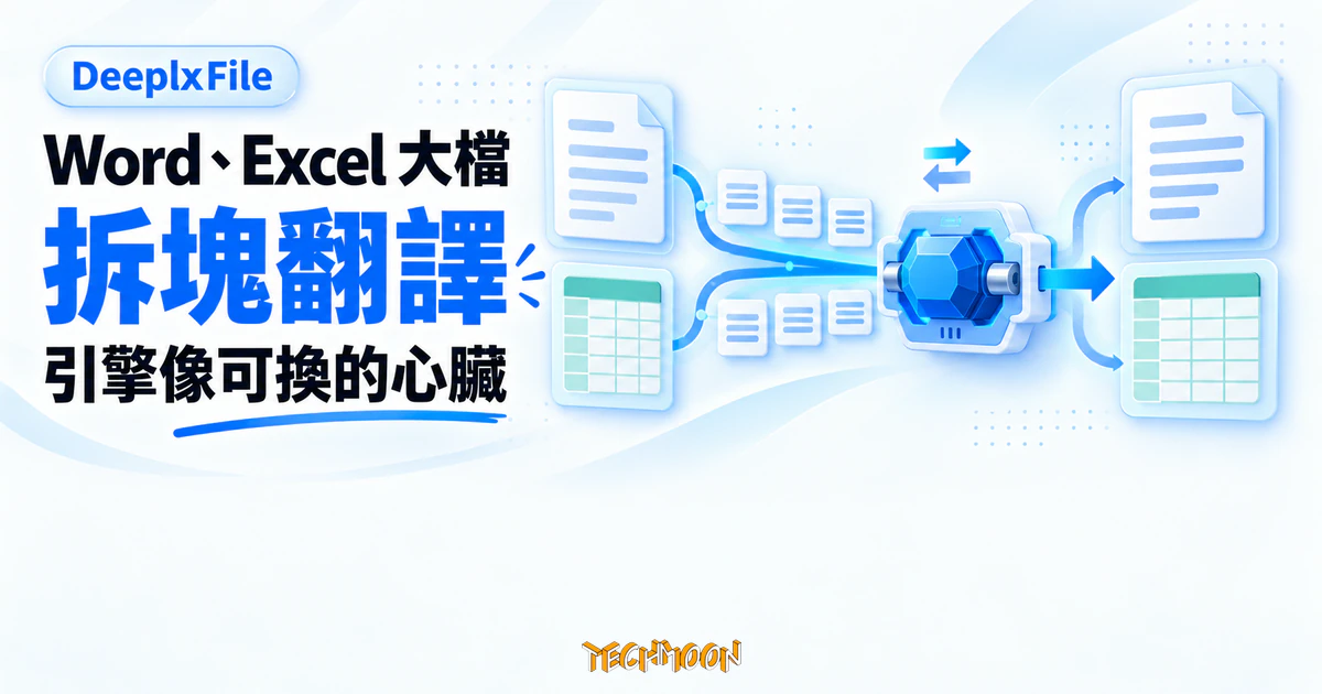 DeeplxFile 實測:Word、Excel 大檔免費翻,引擎要自己養 1 TechMoon 精選圖|DeeplxFile 將 Word 與 Excel 大檔拆成文字塊交給可替換的 DeepL 翻譯引擎