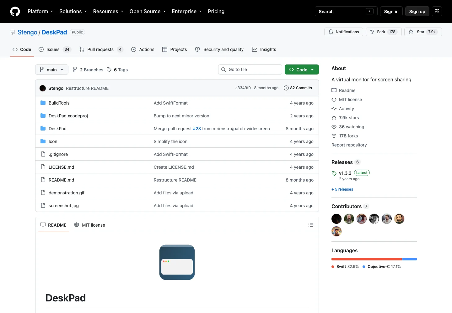 DeskPad 開源虛擬顯示器,視訊會議分享不再播出整個桌面 4 DeskPad 的 GitHub 倉庫頁面,顯示近 7,900 顆星與 MIT 授權